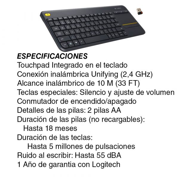 Teclado Logitech K400 plus inalámbrico touchpad, 920-007123