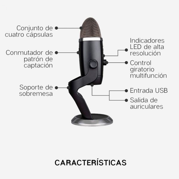 Blue Microphones Yeti Micrófono USB Negro para Grabación y Transmisión en PC